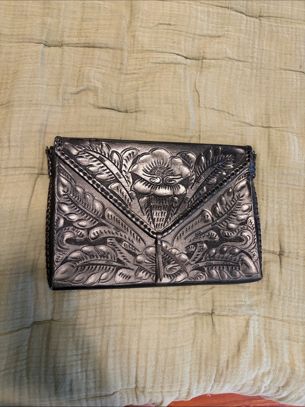 Embossed Floral Leather Envelope Clutch in Metallic Black